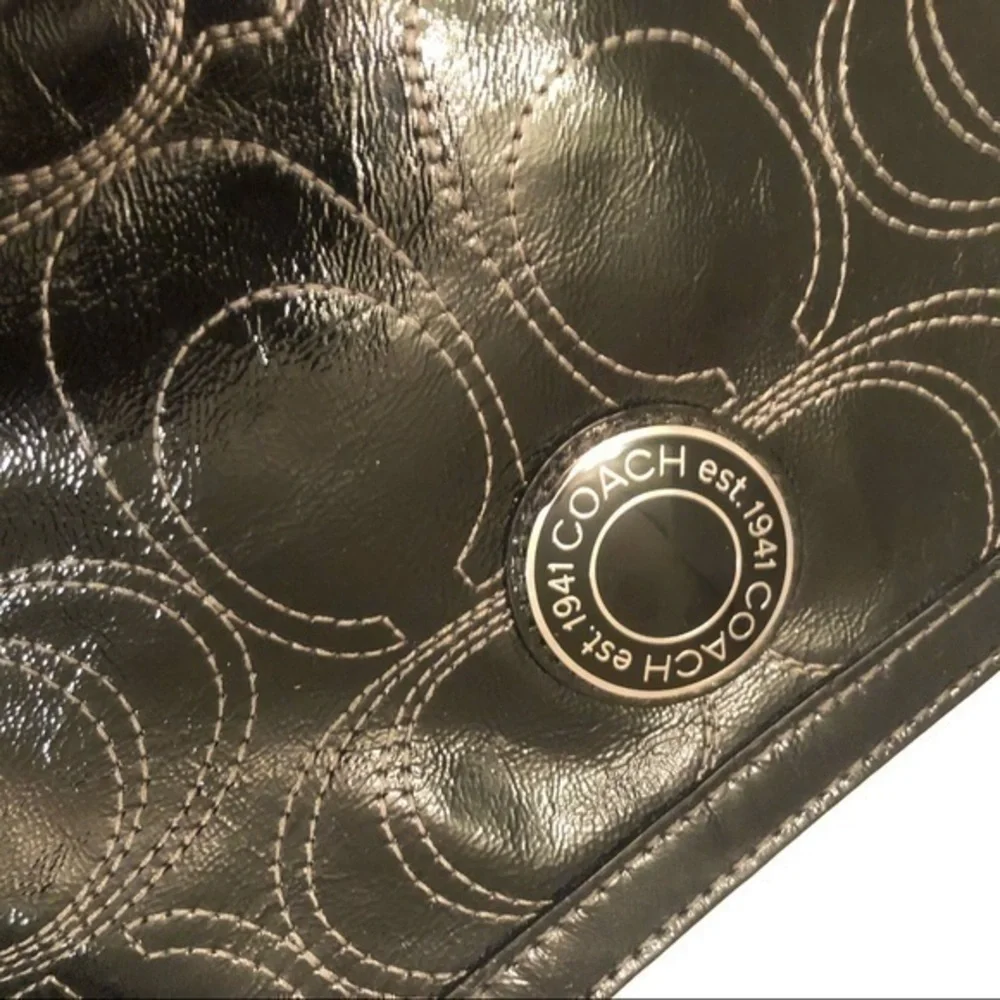 Coach black patent leather signature stitched tote